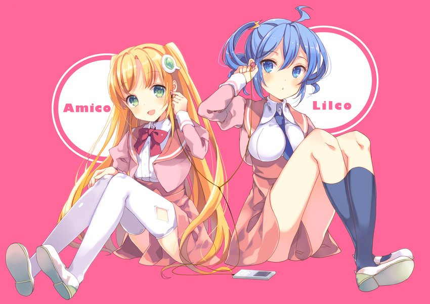 2girls amiami amico blue_eyes blue_hair blush chaa_(yumekui) green_eyes headphones kneehighs lilco long_hair orange_hair pink seifuku short_hair thighhighs