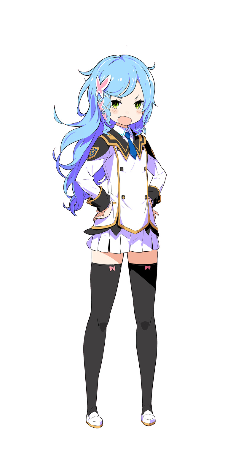 absurdres black_hair black_thighhighs blue_hair bow_legwear conception:_ore_no_kodomo_wo_undekure! conception_2 female full_body gimp_(medium) green_eyes hair_ribbon hands_on_own_hips highres long_hair long_sleeves looking_at_viewer necktie oerba_yun_fang off_shoulder ootsuka_shin'ichirou open_mouth pleated_skirt ribbon serina_(conception) simple_background skirt sleeve_cuffs solo swept_bangs thighhighs uniform white_background