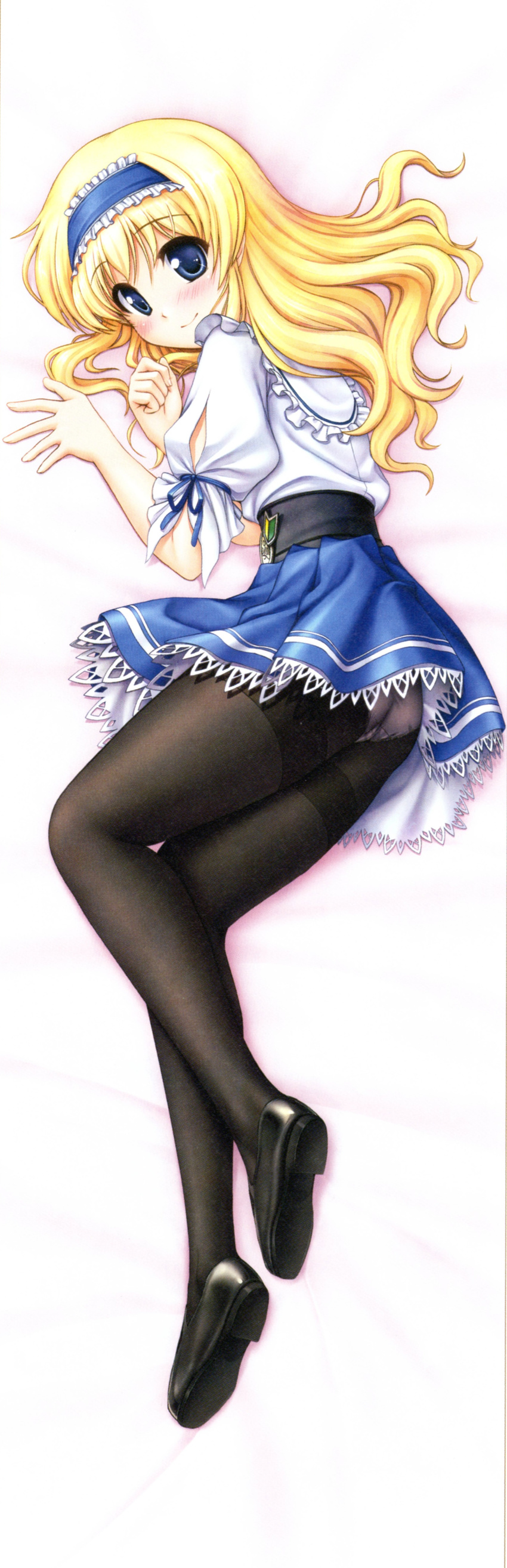 absurdres arm_ribbon ass bekkankou black_pantyhose blonde_hair blue_eyes blush daitoshokan_no_hitsujikai dakimakura_(medium) female full_body hairband highres legs lolita_hairband long_hair looking_back lying official_art on_side panties panties_under_pantyhose pantyhose pantyshot ribbon scan shoes smile solo suzuki_kana thighband_pantyhose underwear waitress