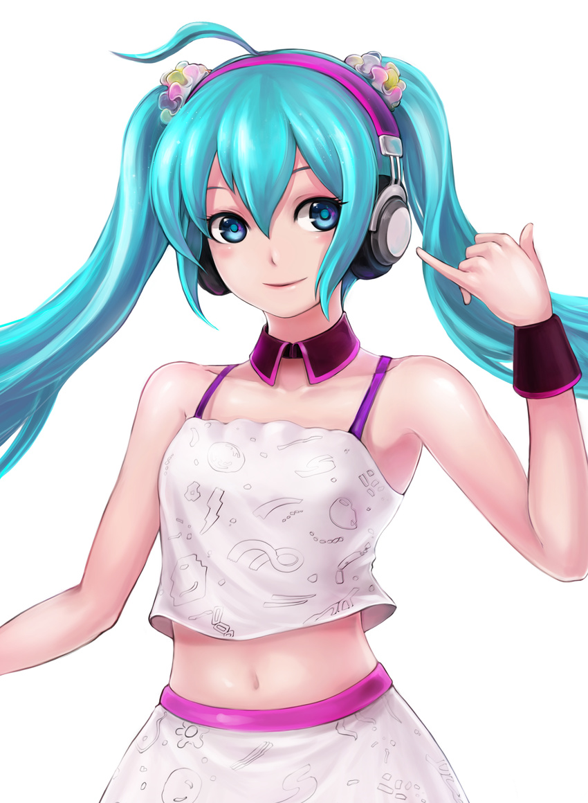 absurdres ahoge aqua_eyes aqua_hair arm_up blush breasts camisole choker closed_mouth commentary_request crop_top crop_top_overhang female hair_ornament hatsune_miku headphones highres korean_commentary long_hair mhg_(hellma) midriff miniskirt navel redial_(vocaloid) shirt skirt sleeveless sleeveless_shirt small_breasts smile solo transparent_background twintails very_long_hair vocaloid white_shirt wristband