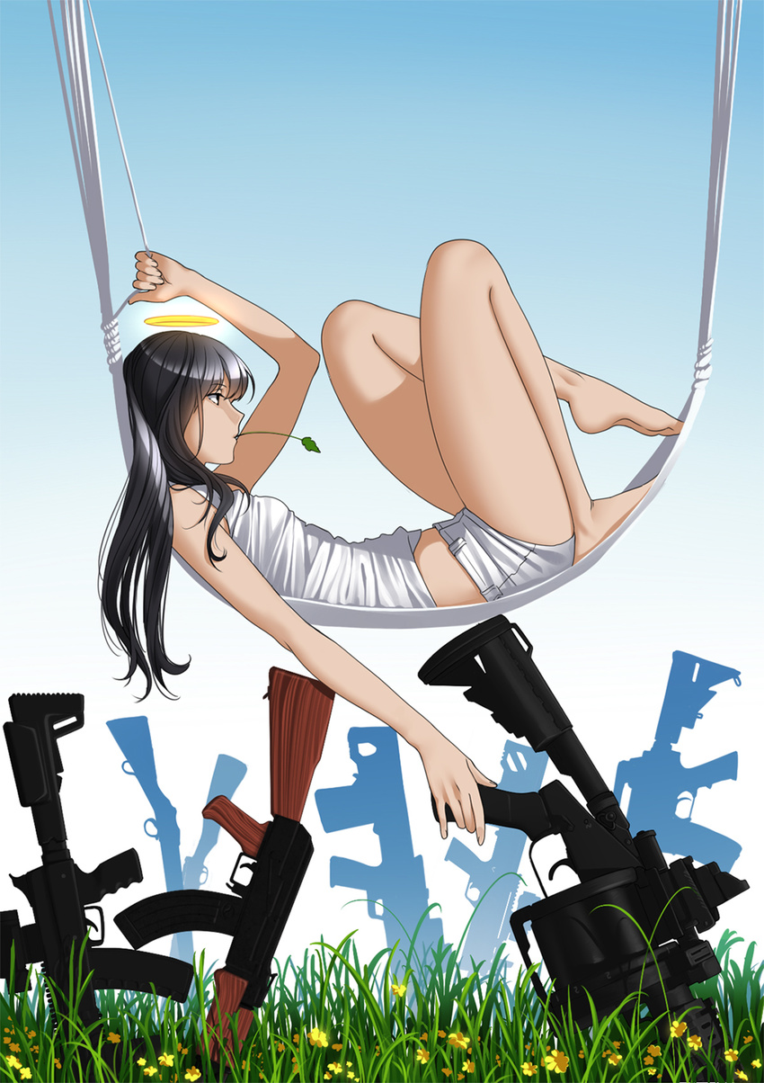 abbystea ak-12 ak-47 assault_rifle bad_id bad_pixiv_id bare_arms bare_legs bare_shoulders barefoot black_hair blue_sky bolt_action bullpup day female from_side grass grenade_launcher gun halo hammock highres kalashnikov_rifle kel-tec_rfb lee-enfield long_hair lying m4_carbine martini-henry milkor_mgl mouth_hold multiple_weapons on_back original outdoors photoshop_(medium) plantar_flexion planted planted_gun rifle shirt short_shorts shorts sky sleeveless solo tank_top weapon white_shirt