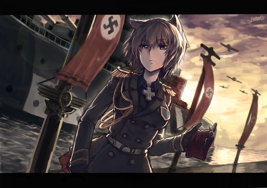 aircraft animal_ears anthro bismarck blonde_hair boat rain_(icetuofei) short_hair signed uniform water zhanjian_shaonu