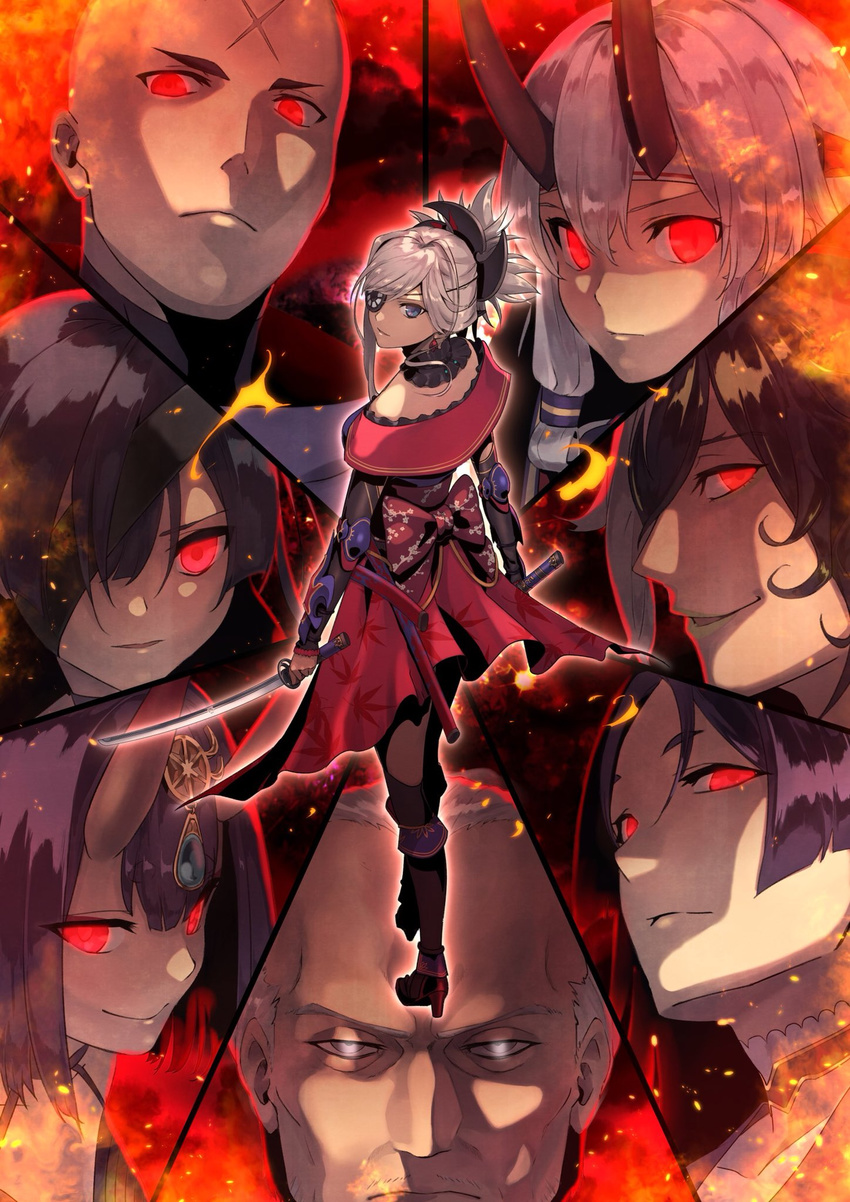 3boys 5girls akamiso_(k074510) ashiya_douman_(fate) bald black_footwear black_hair black_pantyhose choker commentary_request dress dual_wielding eyepatch fate/grand_order fate_(series) grey_eyes hair_between_eyes highres holding holding_sword holding_weapon horns houzouin_inshun_(fate) long_hair looking_at_viewer looking_back minamoto_no_raikou_(fate) miyamoto_musashi_(fate) miyamoto_musashi_(second_ascension)_(fate) mochizuki_chiyome_(fate) multiple_boys multiple_girls pantyhose parted_lips purple_hair red_dress red_eyes scar shuten_douji_(fate) side_ponytail skin-covered_horns spoilers sword tomoe_gozen_(fate) weapon white_hair yagyuu_munenori_(fate)