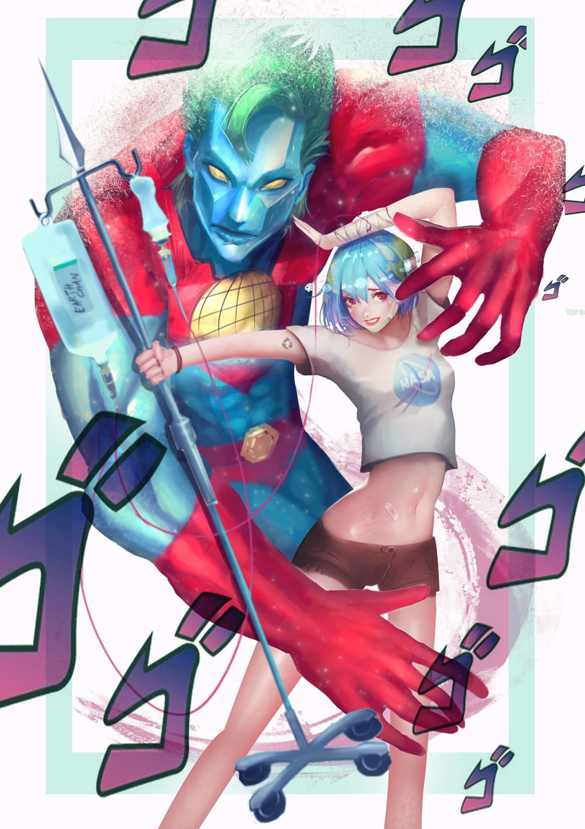 1boy arm_up bandaged_arm bandages bandaid bandaid_on_stomach blue_hair blue_skin brown_shorts captain_planet captain_planet_and_the_planeteers character_name colored_skin commentary crop_top crossover earth-chan female green_hair highres intravenous_drip iv_stand jojo_no_kimyou_na_bouken lips looking_at_viewer midriff multicolored_hair name_tag nasa_logo navel omegarer original outstretched_arm parody parted_lips red_eyes shirt short_hair short_shorts shorts smile stand_(jojo) t-shirt white_shirt wristband