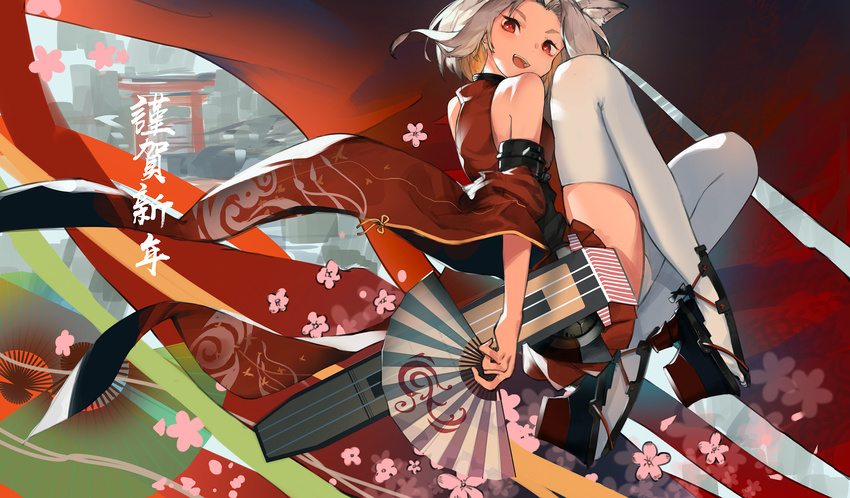 :d animal_ears azur_lane commentary detached_sleeves female flight_deck folding_fan hand_fan highres japanese_clothes koog long_sleeves nengajou new_year oerba_yun_fang open_mouth paper_fan parted_bangs photoshop_(medium) pleated_skirt red_eyes short_hair shouhou_(azur_lane) shouhou_(retrofit)_(azur_lane) skirt smile solo tabi thighhighs white_hair white_thighhighs wide_sleeves