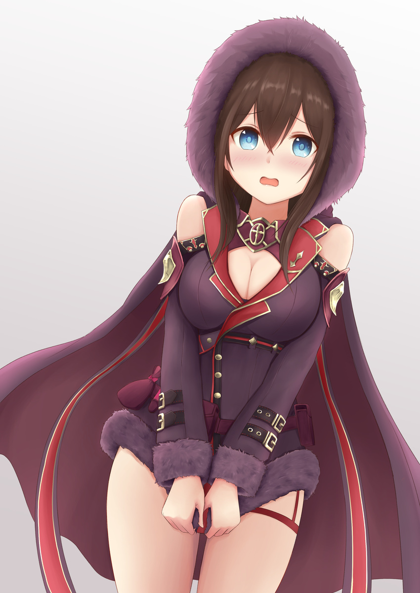 absurdres alternate_costume bare_shoulders black_hair blue_eyes blush breasts cape cleavage commentary_request cosplay female hair_between_eyes highres hood hoodie ichimichi_mao idolmaster idolmaster_cinderella_girls large_breasts long_hair looking_at_viewer off_shoulder sagisawa_fumika shadowverse solo voice_actor_connection warubo wizardess_of_oz