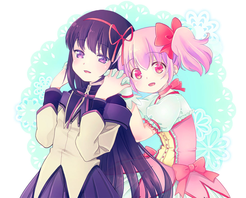 2girls akemi_homura akemi_homura_(magical_girl) ao_nago bad_id bad_pixiv_id black_hair blush gloves holding_hands interlocked_fingers kaname_madoka kaname_madoka_(magical_girl) long_hair magical_girl mahou_shoujo_madoka_magica mahou_shoujo_madoka_magica_(anime) multiple_girls pink_eyes purple_eyes ribbon short_hair smile twintails white_gloves