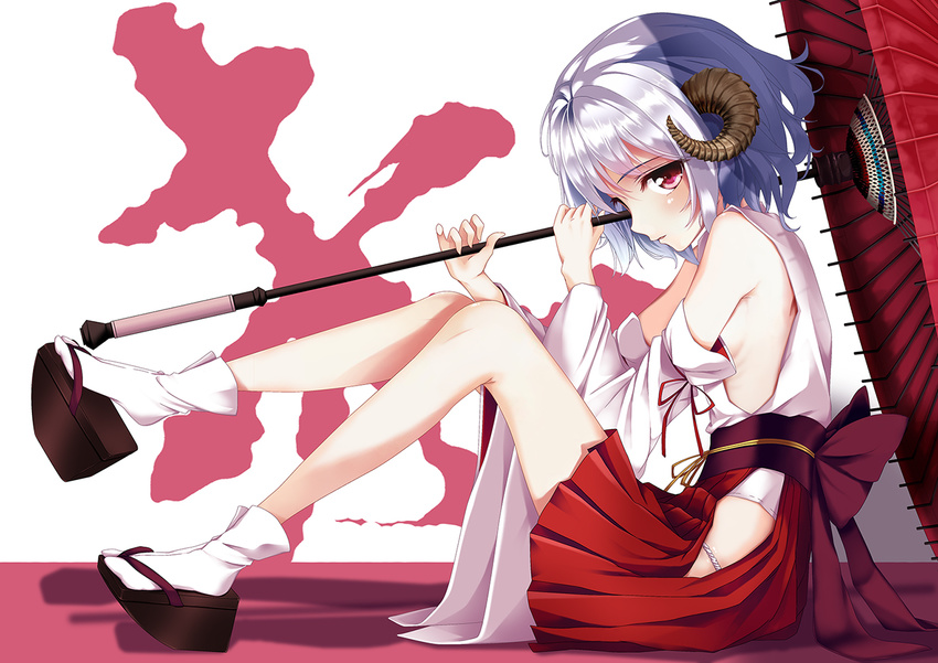 horns japanese_clothes makoni original red_eyes sheepgirl short_hair sideboob skirt socks umbrella white_hair