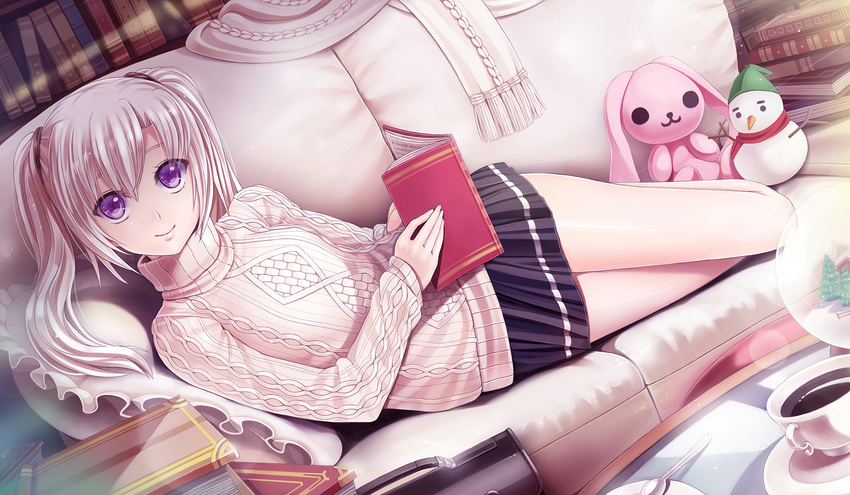 book drink g_senjou_no_maou long_hair purple_eyes shiratori_mizuha skirt sunimu white_hair