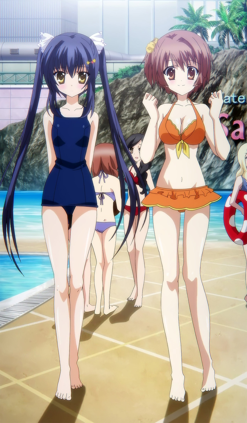 5girls anime_screenshot barefoot bikini black_hair blonde_hair blue_eyes blue_hair breasts brown_eyes brown_hair cleavage da_capo da_capo_iii feet highres hinomoto_aoi innertube long_hair long_legs medium_breasts multiple_girls one-piece_swimsuit people photoshop_(medium) pool rukawa_sara school_swimsuit short_hair small_breasts smile stitched swim_ring swimsuit third-party_edit twintails water yellow_eyes