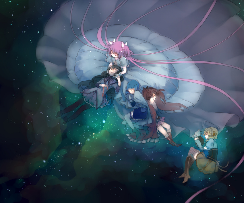 5girls akemi_homura akemi_homura_(magical_girl) blonde_hair blue_hair commentary_request dress gloves highres kaname_madoka long_hair lying magical_girl mahou_shoujo_madoka_magica mahou_shoujo_madoka_magica_(anime) miki_sayaka miki_sayaka_(magical_girl) multiple_girls nemeko on_side pink_hair red_hair sakura_kyoko sakura_kyoko_(magical_girl) short_hair sleeping space spoilers tears tomoe_mami tomoe_mami_(magical_girl) twintails ultimate_madoka very_long_hair