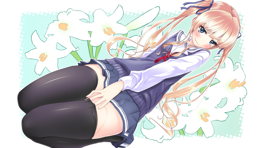 blonde_hair blue_eyes blush long_hair naoto_(binzume_cobra) ribbons saenai_heroine_no_sodatekata sawamura_spencer_eriri seifuku skirt thighhighs twintails