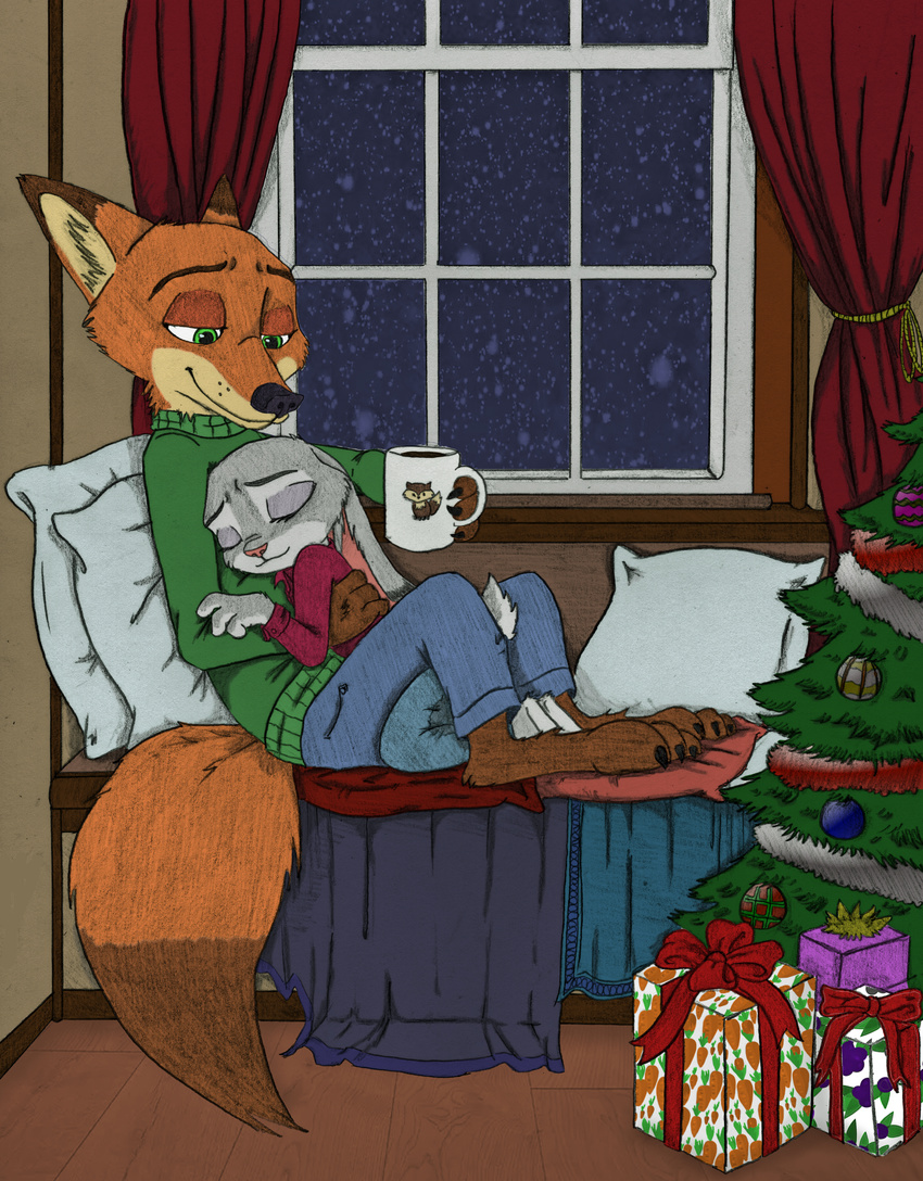 2017 absurd_res anthro bottomwear canid canine christmas christmas_decorations christmas_tree closed_eyes clothing coffee_mug cuddling dipstick_ears dipstick_tail disney duo ear_markings female fox fur gift green_eyes hi_res holding_object holidays inner_ear_fluff judy_hopps lagomorph leporid male mammal markings multicolored_ears multicolored_tail nick_wilde otakurec37 pants plant rabbit red_fox size_difference smile sweater tail tail_markings topwear tree true_fox tuft ziegelzeig zootopia