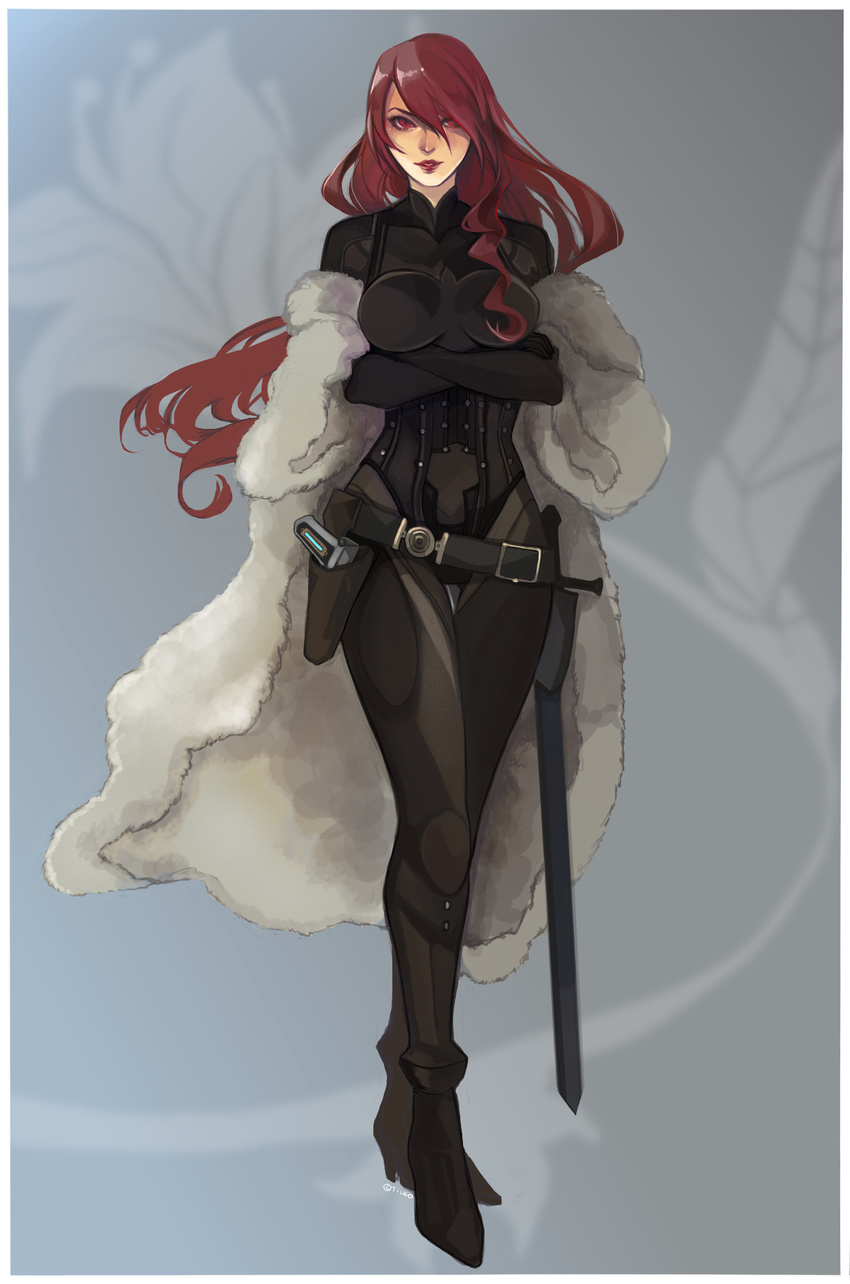 bad_id bad_pixiv_id belt bodysuit coat commentary_request female full_body fur_coat highres holster kirijou_mitsuru long_hair looking_at_viewer off_shoulder persona persona_3 persona_4:_the_ultimate_in_mayonaka_arena red_hair scabbard sheath solo tiuco