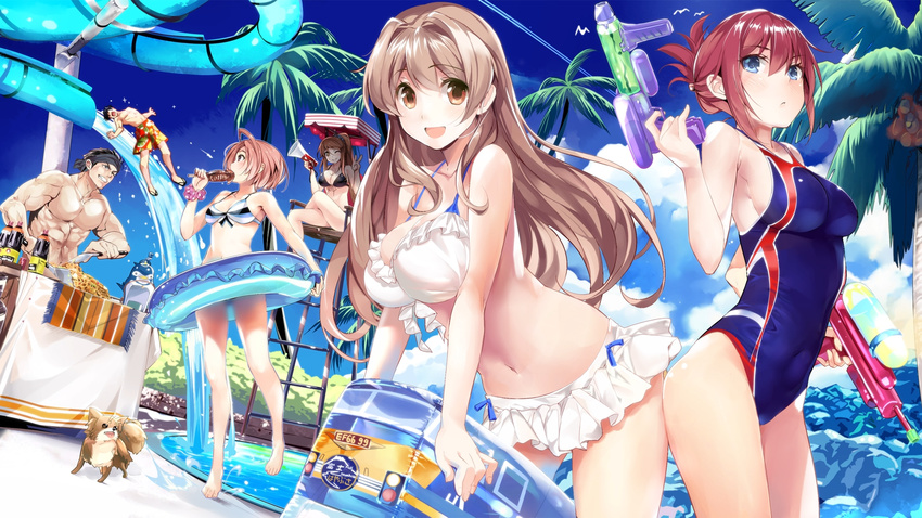 animal bikini breasts canine cleavage drink food group gun iida_nana iwaizumi_shou koumi_haruka male marushin pool rail_wars! sakurai_aoi_(rail_wars!) sasshou_mari swim_ring swimsuit takayama_naoto water weapon