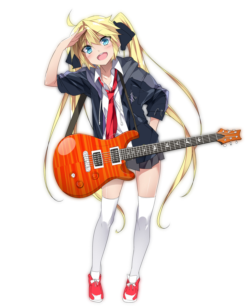 :d ahoge blonde_hair blue_eyes bow commentary_request electric_guitar female guitar hair_ribbon hairbow highres hood hood_down hooded_jacket instrument jacket long_hair looking_at_viewer mtu_(orewamuzituda) necktie open_mouth original paul_reed_smith photoshop_(medium) pleated_skirt ribbon salute school_uniform simple_background skirt smile solo thighhighs twintails white_background white_thighhighs zettai_ryouiki