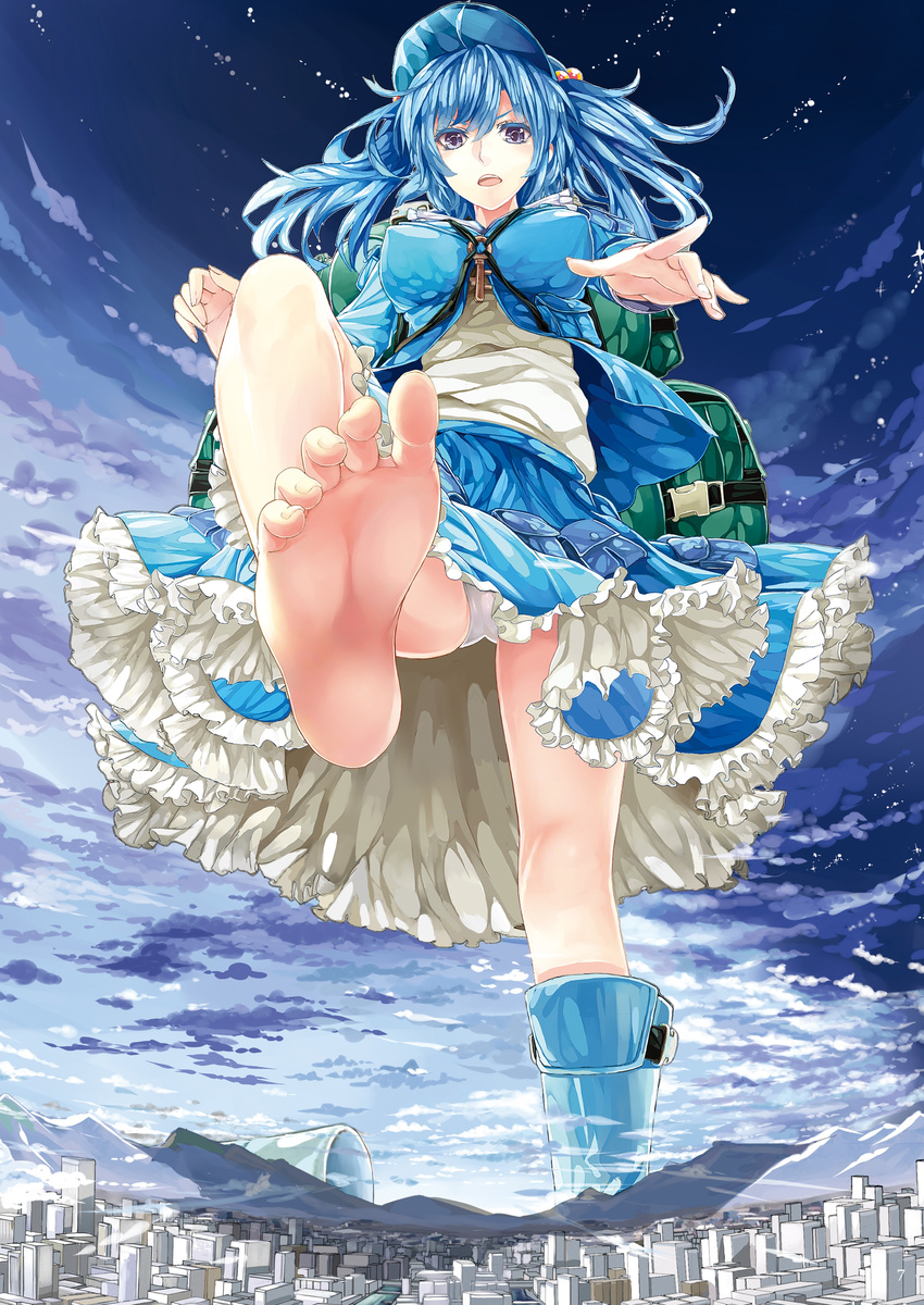 absurdres barefoot blue_hair boots dress feet female giant giantess hat highres kawashiro_nitori long_hair panties pantyshot single_boot soles solo sonnano toenails toes touhou two_side_up underwear white_panties