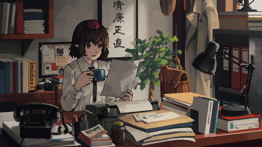 bad_id bad_pixiv_id bag binder black_hair black_necktie book bookmark camera clothes_hanger coat commentary_request cup desk desk_lamp envelope female folder highres holding holding_cup holding_paper indoors jar lamp long_sleeves mikado_(winters) necktie office paper parted_lips pen pencil phone photo_(object) plant pointy_ears printer red_eyes shameimaru_aya shirt short_hair smile solo touhou translation_request white_shirt