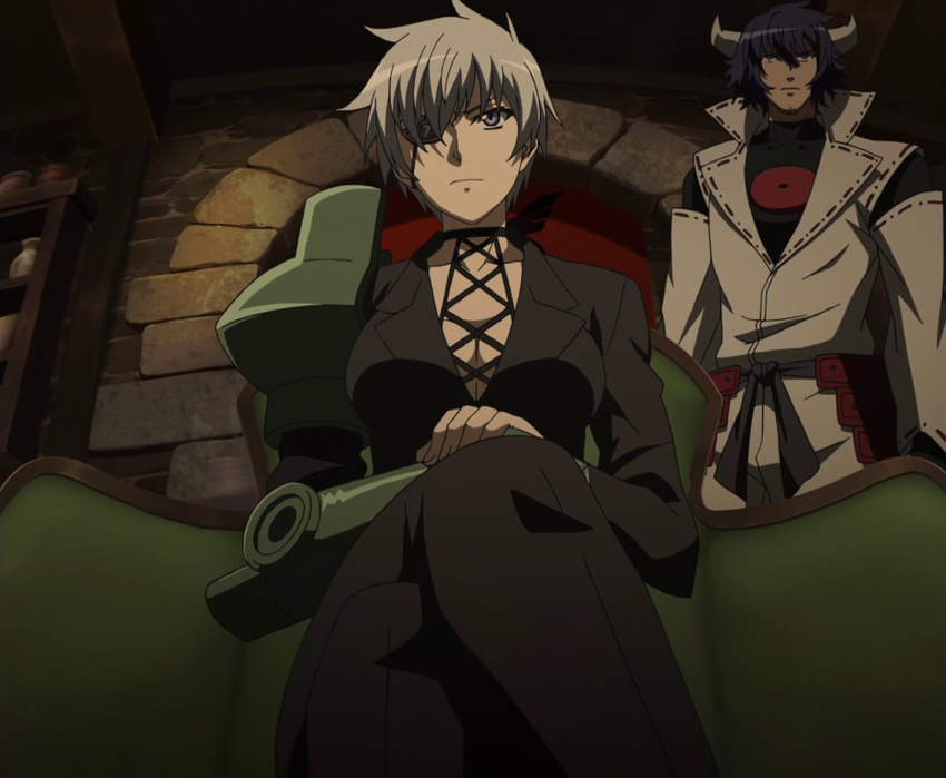 1boy akame_ga_kill! belt breasts business_suit cleavage detached_sleeves dougi eyepatch female fishnet_top fishnets hands_together horns jacket large_breasts legs_crossed long_sleeves mechanical_arm najenda purple_eyes screencap short_hair silver_hair sitting standing stitched