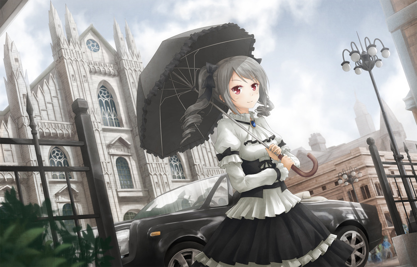 asakurashinji car city dress gothic gray_hair idolmaster idolmaster_cinderella_girls kanzaki_ranko lolita_fashion long_hair red_eyes twintails umbrella