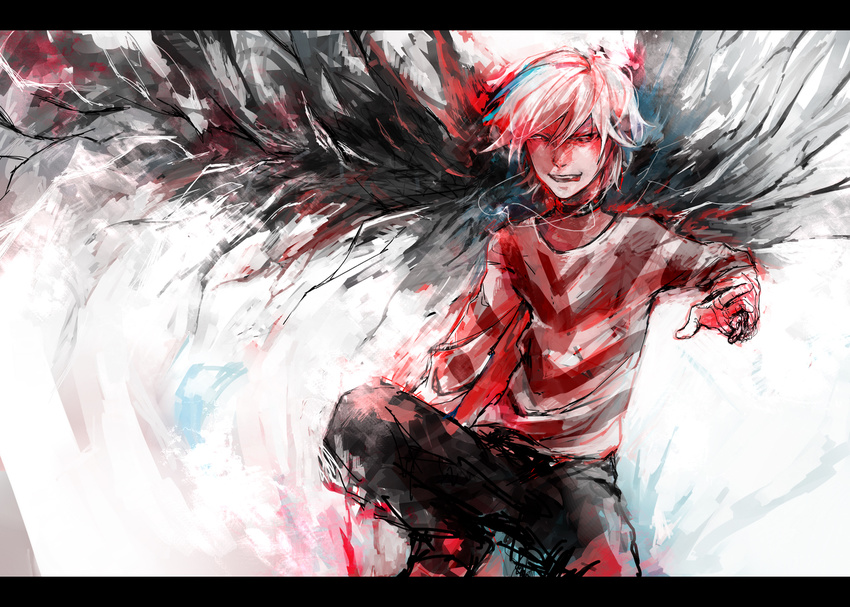 1boy accelerator_(toaru_majutsu_no_index) albino black_wings energy energy_wings letterboxed magic male_focus photoshop_(medium) psychic red_eyes ro53 solo toaru_kagaku_no_accelerator toaru_majutsu_no_index white_hair wings