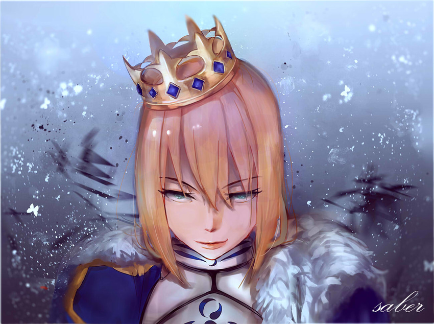 ahoge ahuang artoria_pendragon_(fate) bad_id bad_pixiv_id blonde_hair blue_cape cape crown fate/stay_night fate_(series) female fur_collar gold_crown green_eyes jeweled_crown pointed_crown saber_(fate) solo