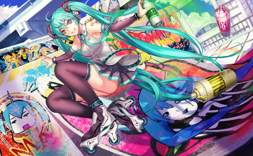 aqua_eyes aqua_hair graffiti hatsune_miku skirt thighhighs tie twintails vocaloid zhouran