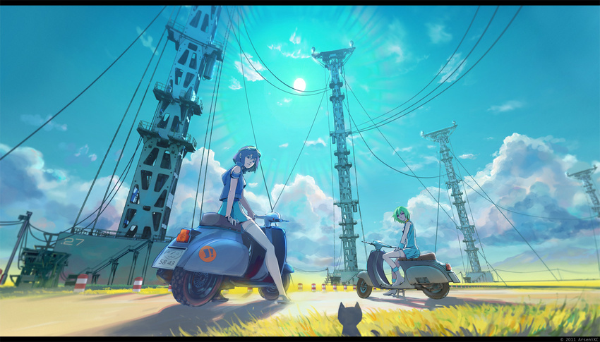 2girls arm_support arsenixc bare_shoulders bob_cut cable cloud commentary_request crossover eureka_(eureka_seven) eureka_seven eureka_seven_(series) feline fisheye from_ground goggles goggles_on_head grass green_hair isle_of_winds letterboxed light_rays motor_vehicle multiple_girls off_shoulder outdoors purple_hair road sandals scenery scooter shadow short_hair sky structure sun sunbeam sunlight vespa white_legwear yumi_(isle_of_winds)