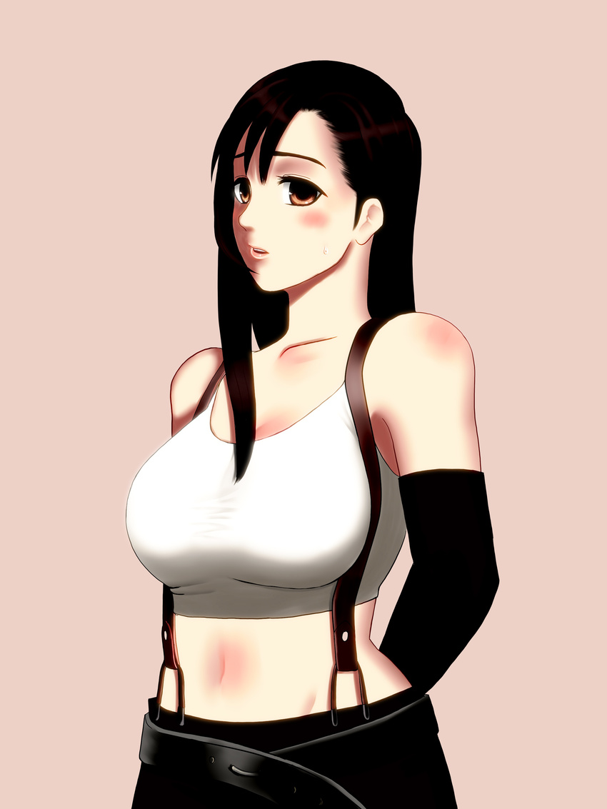 absurdres alia_(pixiv115184) arms_behind arms_behind_back bare_shoulders belt black_hair blush body_blush breasts brown_eyes elbow_gloves female final_fantasy final_fantasy_vii gloves highres long_hair midriff miniskirt ootalia simple_background skirt solo suspenders tifa_lockhart