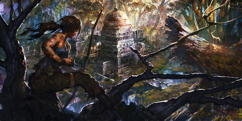 arrow_(projectile) bandages bare_shoulders bow bow_(weapon) brown_hair commentary_request contest_winner dannoura_yuuki female from_behind highres lara_croft long_hair photoshop_(medium) pixiv_tomb_raider_contest ponytail ruins scenery solo temple tomb_raider tomb_raider_(reboot) tree weapon