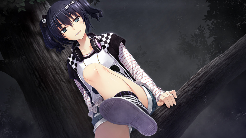 akabeisoft2 alpha black_hair blue_eyes boku_no_hitori_sensou dark game_cg headphones maewaki_shinobu short_hair shorts socks tree twintails