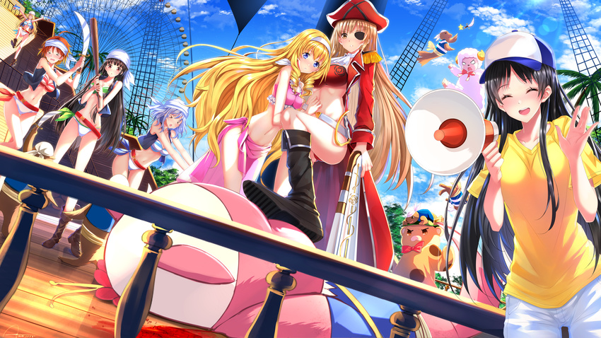 >_< 6+girls :d ^_^ absurdres adachi_eiko amagi_brilliant_park antenna_hair bandana bare_shoulders baseball_cap belt bikini black_hair blonde_hair blood blue_hair blush boots breasts brown_hair cleavage closed_eyes commentary_request dated day eyepatch ferris_wheel flower frilled_bikini frills groin gun hair_flower hair_ornament hairband hand_puppet hat headband highres horns koborii_(amaburi) large_breasts latifa_fleuranza long_hair macaron_(amaburi) megaphone midriff moffle multiple_girls muse_(amaburi) musket navel open_mouth orange_hair parted_lips pirate_hat puppet resized salama_(amaburi) sarong sento_isuzu short_hair signature smile star_(symbol) stepped_on striped_bikini striped_clothes swimsuit sword swordsouls sylphy_(amaburi) tiramii upscaled vest weapon