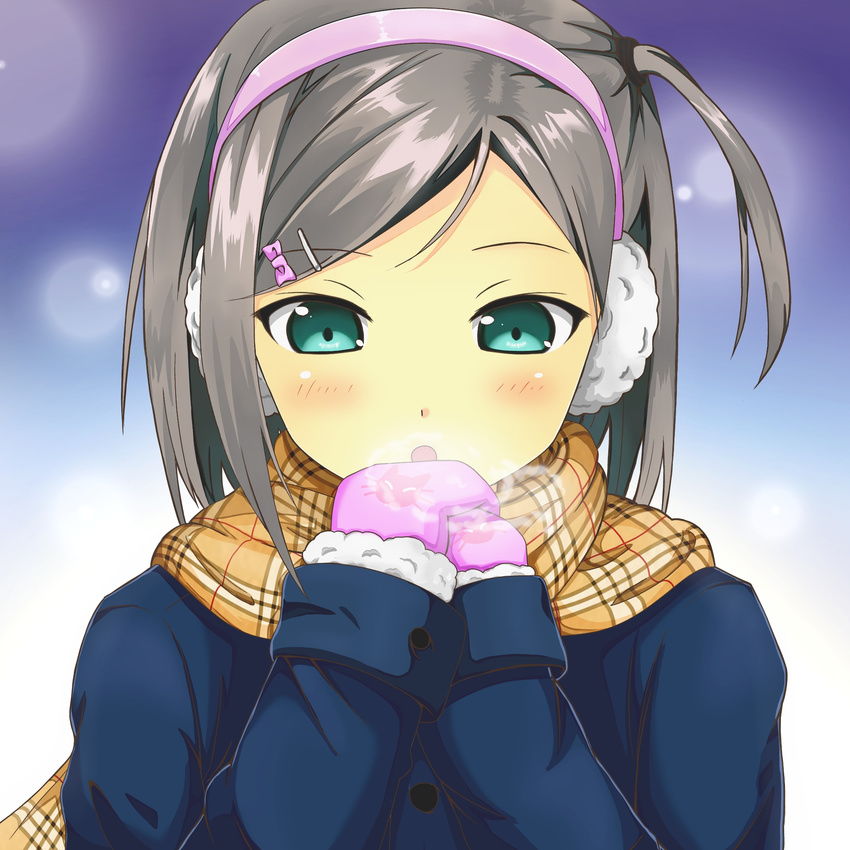 ameyoshi blush commentary_request earmuffs female green_eyes grey_hair hentai_ouji_to_warawanai_neko. highres long_sleeves one_side_up open_mouth scarf short_hair solo tsutsukakushi_tsukiko