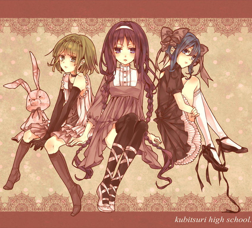 3girls alternate_costume bad_id bad_pixiv_id black_hair blue_eyes blue_hair braid dress elbow_gloves gloves gothic_lolita green_eyes green_hair hagihara_shiogi hairband kneehighs lace lolita_fashion long_hair makita_moyushi multiple_girls purple_eyes ribbon saijou_tamamo short_hair short_twintails socks stuffed_animal stuffed_toy thighhighs twintails yukariki_ichihime zaregoto_series