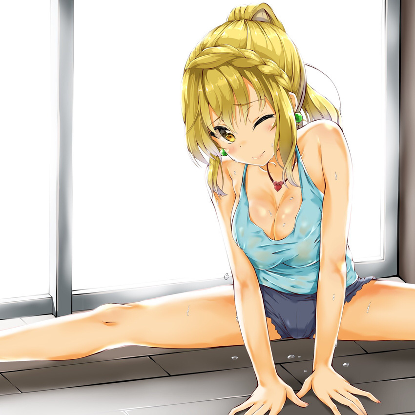 ;) blonde_hair blue_shirt blue_shorts blush braid breasts camisole cleavage closed_mouth collarbone commentary_request dripping earrings female head_tilt heart heart_necklace highres hinabita izumi_ibuki jewelry kuria_(clear_trip_second) medium_breasts necklace on_floor one_eye_closed orange_eyes ponytail shirt short_shorts shorts smile solo split spread_legs straddle_split sweat wooden_floor