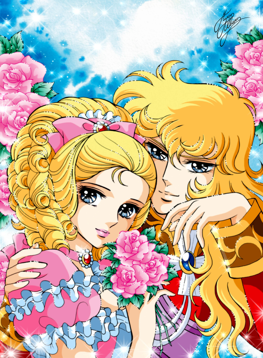 2girls absurdres androgynous artist_name blonde_hair blue_eyes bouquet bow choker drill_hair flower frills gem hair_ribbon hairbow hand_on_another's_shoulder high_ponytail highres holding marco_albiero marie_antoinette_(versailles_no_bara) multiple_girls official_style oscar_francois_de_jarjayes photoshop_(medium) pink_bow pink_flower pink_lips pink_rose puffy_short_sleeves puffy_sleeves ribbon rose short_sleeves signature sparkle versailles_no_bara