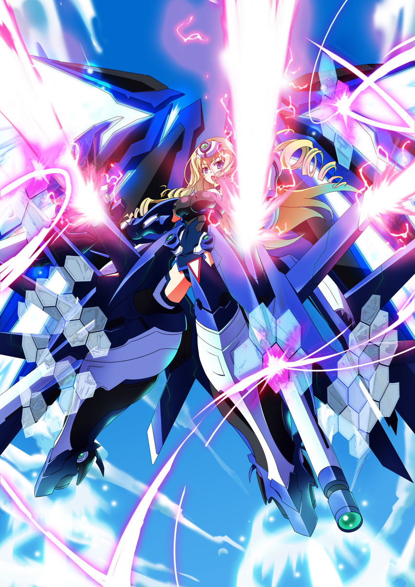 absurdres beam_rifle blonde_hair blue_eyes blue_sky blue_tears_(infinite_stratos) bodysuit breasts cecilia_alcott commentary_request covered_nipples drill_hair energy_beam energy_gun female gun highres infinite_stratos inoue_takumi_(doubt) large_breasts leotard long_hair mecha_musume open_mouth photoshop_(medium) pilot_suit sky solo twin_drills twintails weapon