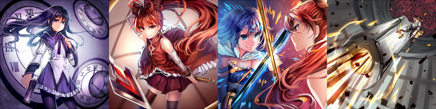 4girls akemi_homura akemi_homura_(magical_girl) battle blonde_hair blue_eyes blue_hair bow cape commentary_request duel gun hair_ribbon hairbow handgun holding long_hair magical_girl mahou_shoujo_madoka_magica mahou_shoujo_madoka_magica_(anime) miki_sayaka miki_sayaka_(magical_girl) multiple_girls polearm ponytail purple_eyes purple_hair red_eyes red_hair ribbon sakura_kyoko sakura_kyoko_(magical_girl) short_hair spear sword tiro_finale tomoe_mami tomoe_mami_(magical_girl) u_u_zan weapon wide_image