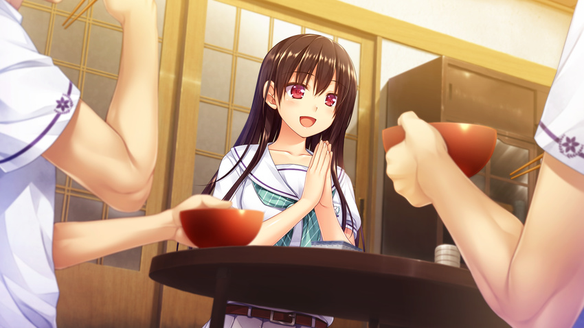 akabeisoft2 alpha boku_no_hitori_sensou brown_hair food game_cg inuduca_rumi long_hair purple_eyes seifuku