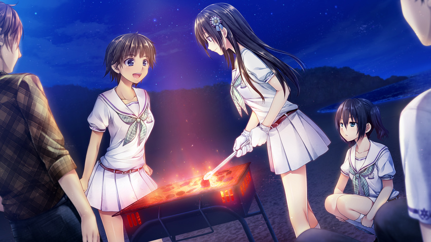 akabeisoft2 alpha beach boku_no_hitori_sensou fire food game_cg group inuduca_rumi male night seifuku skirt