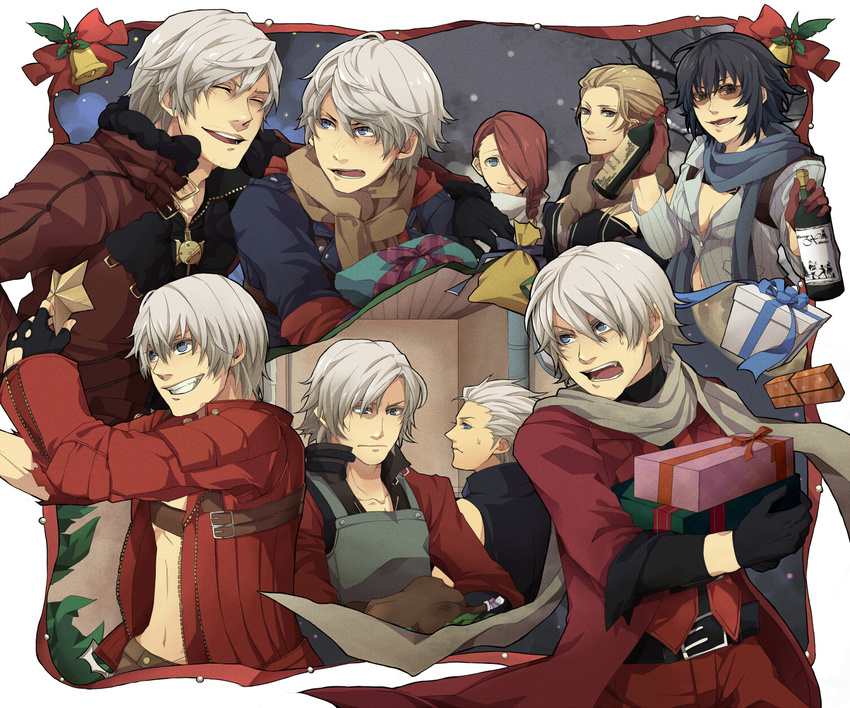 3girls 6+boys 6boys alcohol apron bell black_gloves black_hair blonde_hair blue_eyes bottle braid capcom christmas closed_eyes coat cyef21 dante devil_may_cry devil_may_cry_2 devil_may_cry_3 devil_may_cry_4 female food gift gloves grey_eyes grey_hair grin hair_over_one_eye highres jewelry kiragera lady lady_(devil_may_cry) long_hair lucia_(devil_may_cry) male midriff multiple_boys multiple_girls multiple_persona nero nero_(devil_may_cry) open_clothes open_coat open_mouth ornament pants pendant presents red_hair red_ribbon ribbon scarf short_hair single_braid smile sunglasses trench_coat trenchcoat trish trish_(devil_may_cry) vergil wine winern