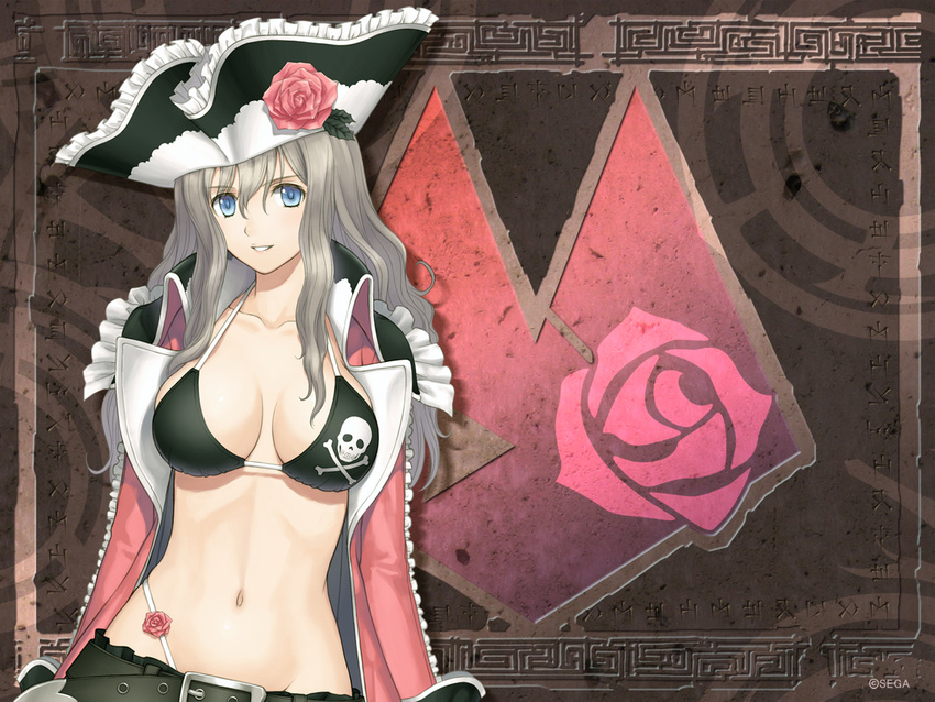 belt bikini blue_eyes breasts female flower hat large_breasts long_hair looking_at_viewer navel official_art official_wallpaper open_clothes parted_lips pirate rose shining_(series) shining_ark skull_and_crossbones smile strap_gap swimsuit tony_taka velvet_batrass