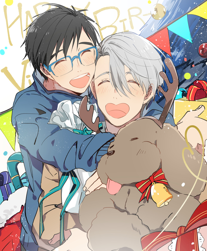 2boys ^_^ animal bad_id bad_pixiv_id bell black_hair blue-framed_eyewear canine christmas closed_eyes eunram fake_antlers gift glasses grey_hair heart heart-shaped_mouth heart_of_string highres hug jacket katsuki_yuuri makkachin male_focus multiple_boys open_mouth smile viktor_nikiforov yuri!!!_on_ice