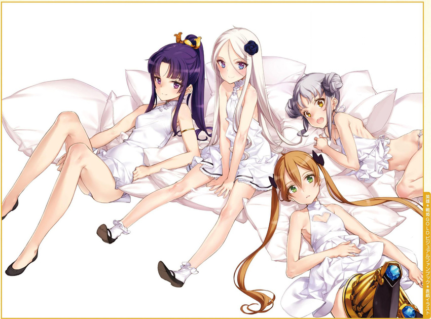 4girls :d achilles_(eiyuu_senki) armlet bare_legs bare_shoulders between_thighs blue_eyes blush brown_hair double_bun dress eiyuu_senki flat_chest green_eyes hair_between_eyes hair_ornament highres jiang_ziya_(eiyuu_senki) leg_up looking_at_viewer lying minamoto_no_yoshitsune_(eiyuu_senki) multiple_girls on_back ooyari_ashito open_mouth ponytail purple_eyes purple_hair short_dress silver_hair sitting smile socks thighhighs twintails vlad_tepes_(eiyuu_senki) white_dress white_hair white_legwear yellow_eyes