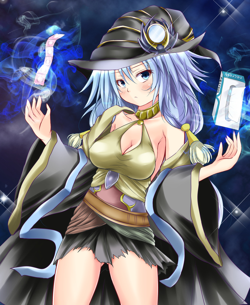 blue_eyes blue_hair blush breasts cleavage condom detached_sleeves duel_angel duel_monster erial_priestess_of_the_nekroz eyebrows eyelashes female female hat hat_ornament highres looking_at_viewer mirror solo wizard_hat yu-gi-oh! yuu-gi-ou_duel_monsters