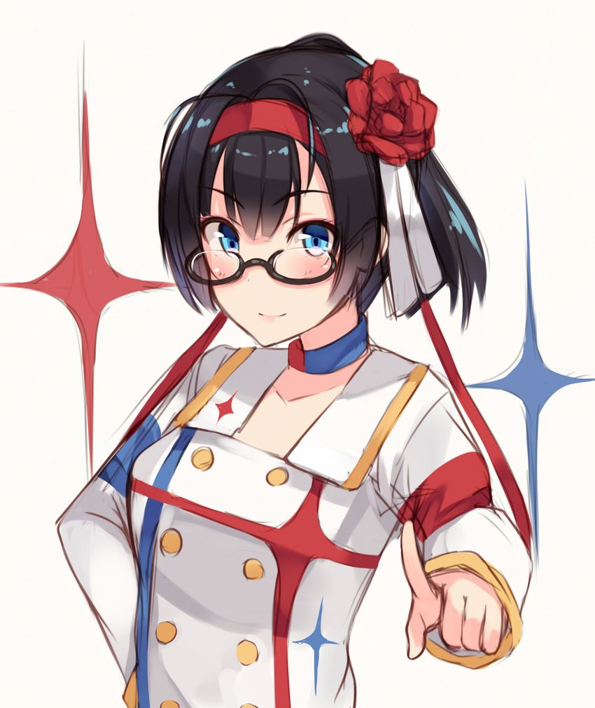 akizuki_(kancolle) akizuki_ritsuko akizuki_ritsuko_(cosplay) bad_id bad_pixiv_id black-framed_eyewear black_hair blue_eyes blush choker cosplay female flower glasses hair_flower hair_ornament hairband highres hiiragi_hazime idolmaster idolmaster_(classic) idolmaster_movie kantai_collection looking_at_viewer name_connection pointing semi-rimless_eyewear smile solo starpiece_memories_(idolmaster) under-rim_eyewear upper_body