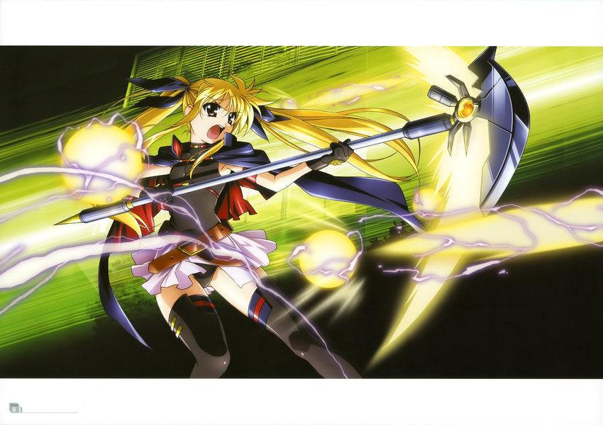 absurdres bardiche blonde_hair fate_testarossa highres lyrical_nanoha mahou_shoujo_lyrical_nanoha red_eyes ribbon ribbons thighhighs twintails