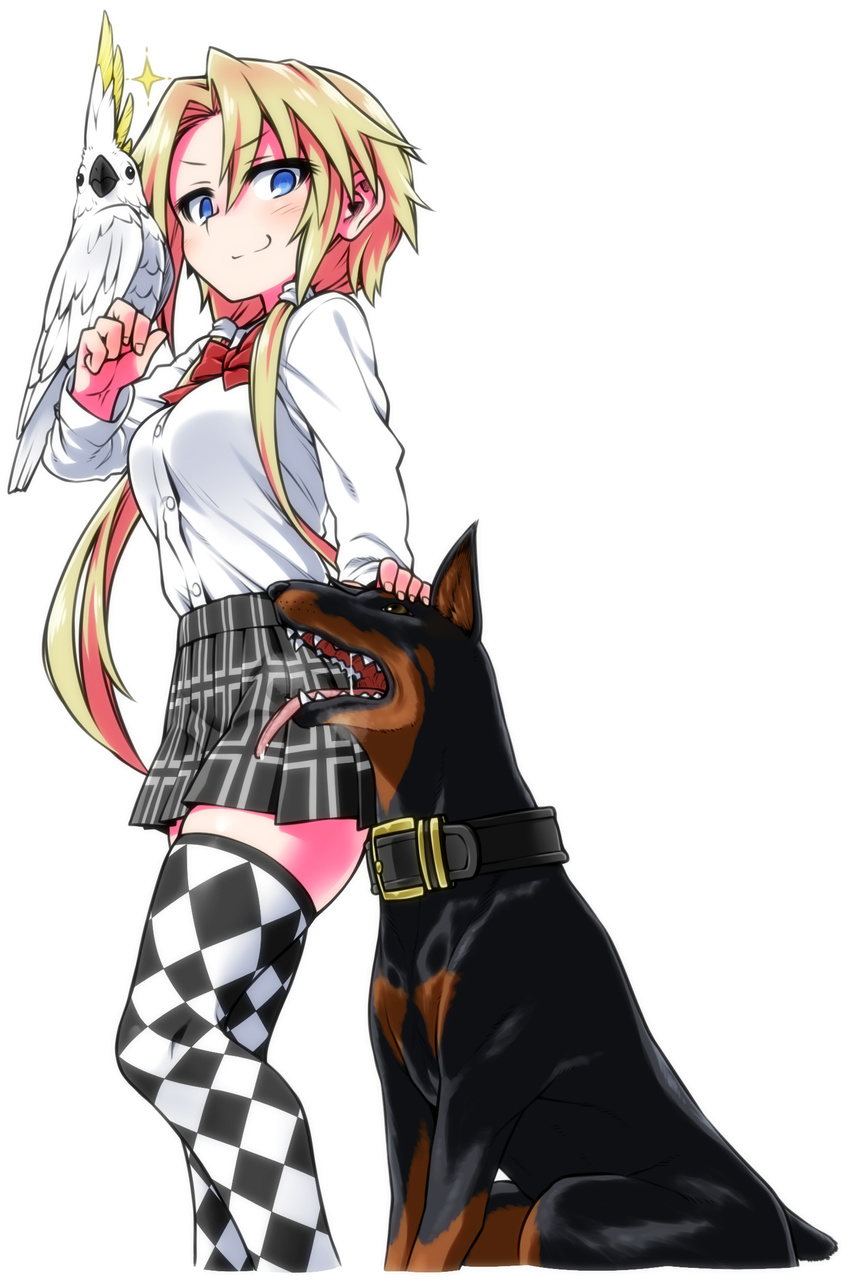 bird blonde_hair blue_eyes blush canine checkered_clothes checkered_legwear cockatoo collar commentary_request dobermann female highres himekawa_hinari long_hair looking_at_viewer original parrot simple_background smile solo sulphur-crested_cockatoo thighhighs white_background yoshida_hideyuki zettai_ryouiki