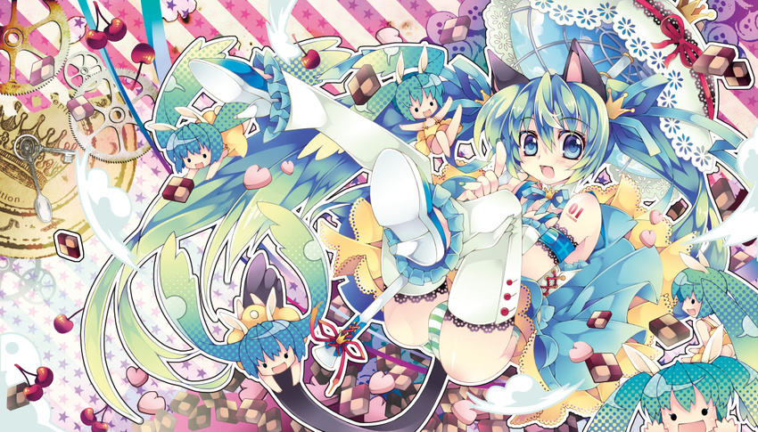 6+girls :d animal_ears armband bad_id bad_pixiv_id bare_shoulders blue_eyes blue_hair cat_ears cat_tail checkerboard_cookie cherry chibi clock clone cookie crown food fruit gears hatsune_miku heart high_heels kemonomimi_mode long_hair multiple_girls open_mouth panties photoshop_(medium) pointing ribbon sana.c shoes smile star_(symbol) striped_clothes striped_panties tail thighhighs twintails umbrella underwear vocaloid