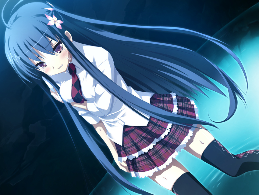 game_cg kibitsumiya_akari long_hair nimura_yuushi oni_gokko seifuku tears thighhighs